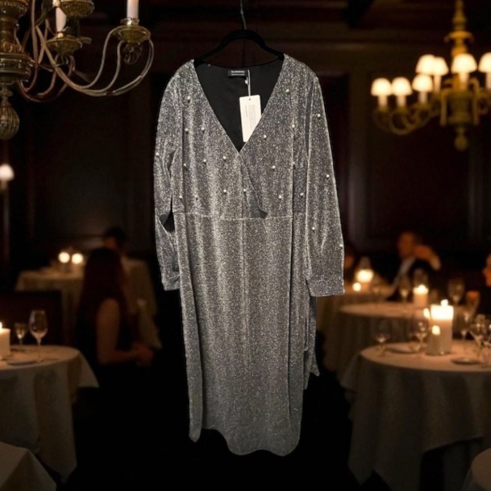 BloomChic Silver Sparkle Wrap-Style Long Sleeve Dress